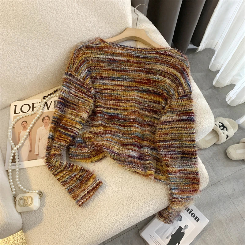 Autumn Winter Vintage O-neck Long Sleeve Casual Mink Striped Patchwork Sweater Women Knitted Pullovers Short Top Boho French Y2k