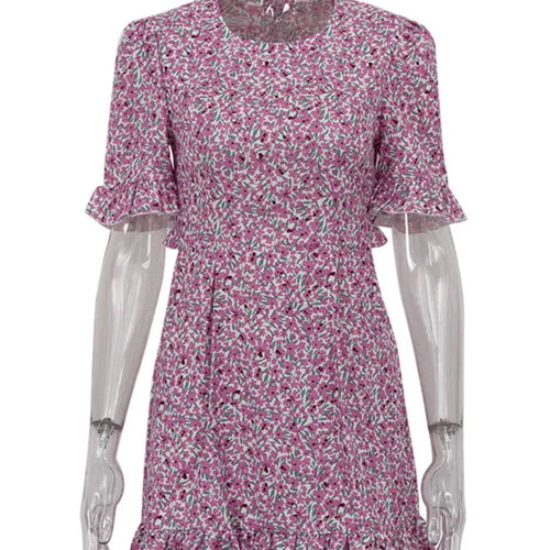 Load image into Gallery viewer, Short Ruffle Sleeve Floral Dress For Women Fashion O Neck High Waist A-line Loose Backless Sexy Mini Dress Elegant
