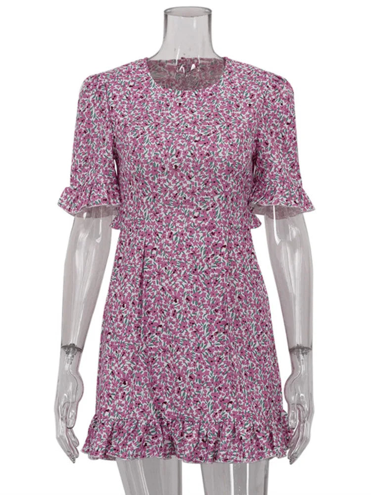 Short Ruffle Sleeve Floral Dress For Women Fashion O Neck High Waist A-line Loose Backless Sexy Mini Dress Elegant