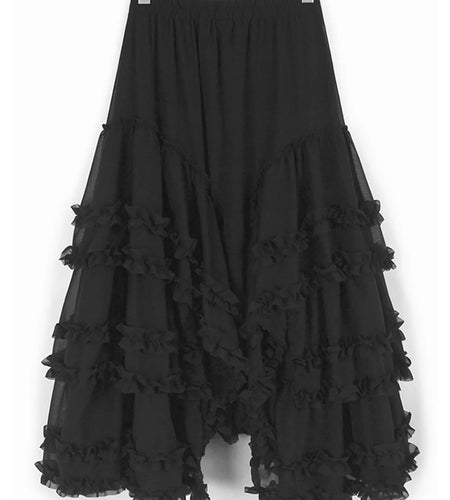 High Elastic Waist Black Irregular Ruffles A-line Half-body Skirt Women Fashion Tide New Spring Autumn 2025  1DJ1106