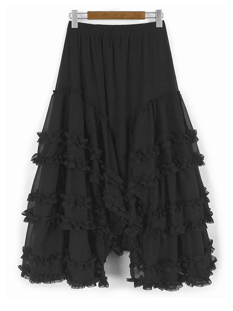 High Elastic Waist Black Irregular Ruffles A-line Half-body Skirt Women Fashion Tide New Spring Autumn 2025  1DJ1106