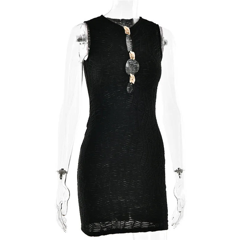 Hollow Out Sleeveless Sexy Mini Dress Women Robe Fashion Summer New Metal Ring Skinny Tank Dress Female Club Dresses