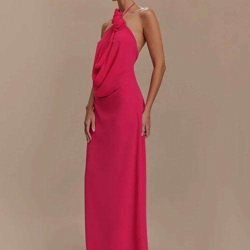 Load image into Gallery viewer, Rose Halter Off-shoulder Sexy Maxi Dress Women Rose Red Sleeveless Backless Lace-up High Waist Club Party Long Dress
