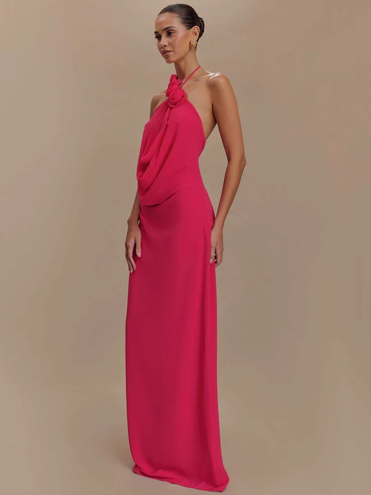 Rose Halter Off-shoulder Sexy Maxi Dress Women Rose Red Sleeveless Backless Lace-up High Waist Club Party Long Dress