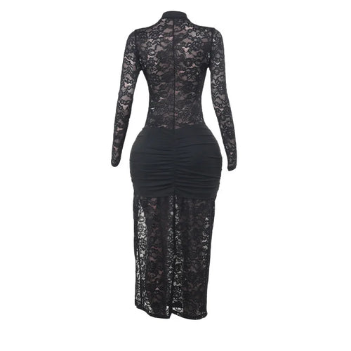 Load image into Gallery viewer, Lace Hollow Out Sexy Maxi Dress For Women Fashion Long Sleeve Thigh High Split Bodycon Club Evening Long Dress Elegant
