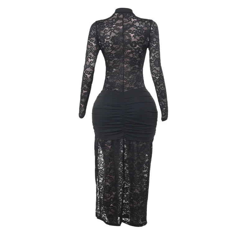 Lace Hollow Out Sexy Maxi Dress For Women Fashion Long Sleeve Thigh High Split Bodycon Club Evening Long Dress Elegant