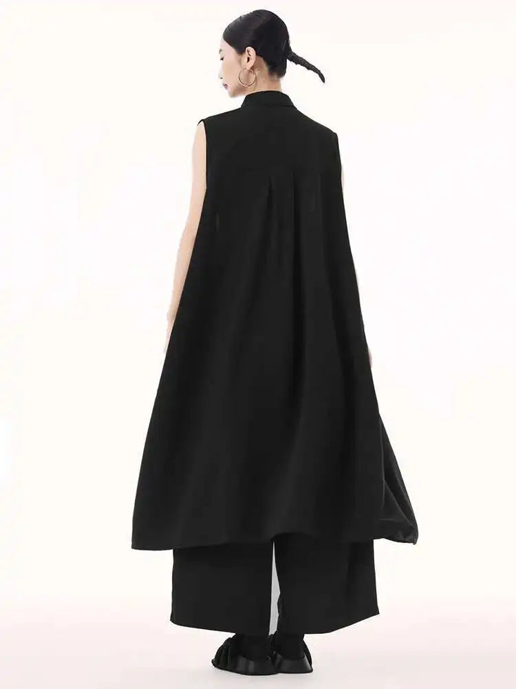 Women Army Green Hollow Out Big Size Midi Casual Dress New Lapel Sleeveless Fashion Tide Spring Summer 2025 1DH9512