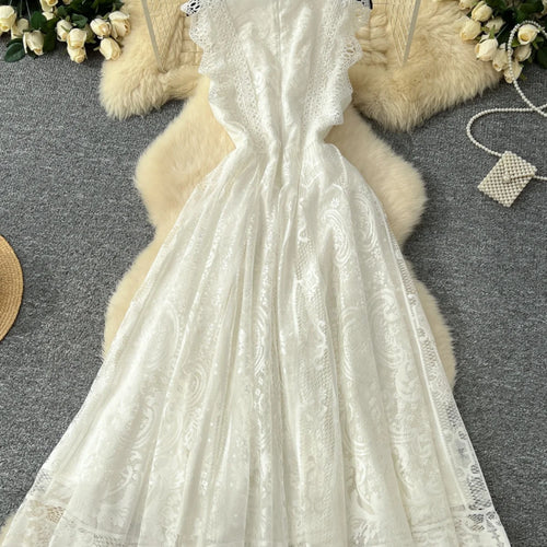 Load image into Gallery viewer, French Retro Romantic Women's Black Lace Elegant Sleeveless Long Dress Summer White Sexy Slim Ruffles Evening Party Fairy Dress
