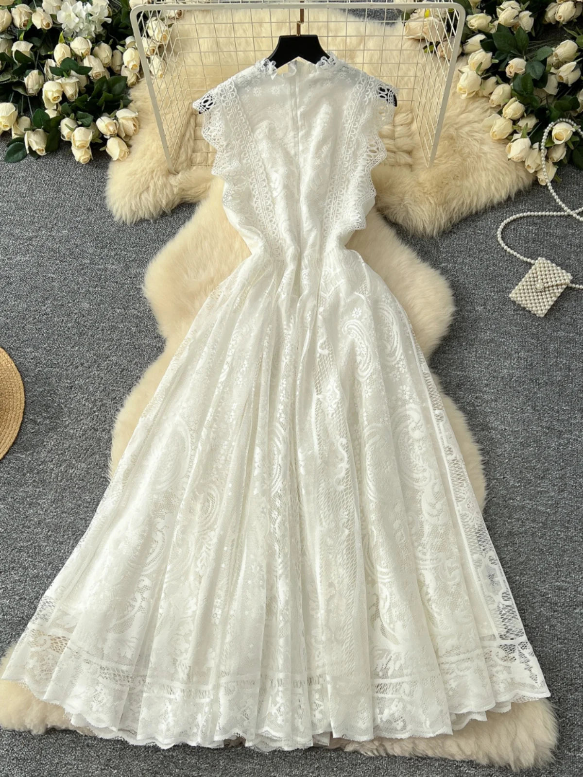 French Retro Romantic Women's Black Lace Elegant Sleeveless Long Dress Summer White Sexy Slim Ruffles Evening Party Fairy Dress