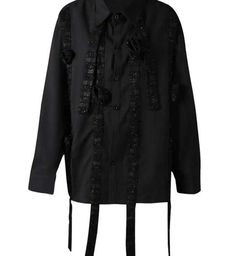 Women Black Three-dimensional Flower Big Size Blouse New Lapel Long Sleeve Shirt Fashion Tide Spring Autumn 2025 CPG2864