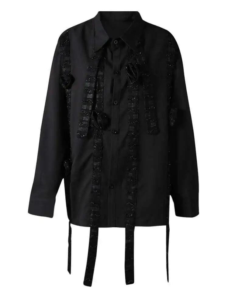 Women Black Three-dimensional Flower Big Size Blouse New Lapel Long Sleeve Shirt Fashion Tide Spring Autumn 2025 CPG2864