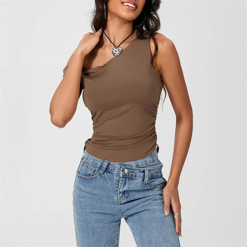 Load image into Gallery viewer, y2k Crop Tops 2000s Clothing Women Solid Color Oblique Shoulder Sleeveless T Shirt Aesthetic Clothes Summer Streetwear

