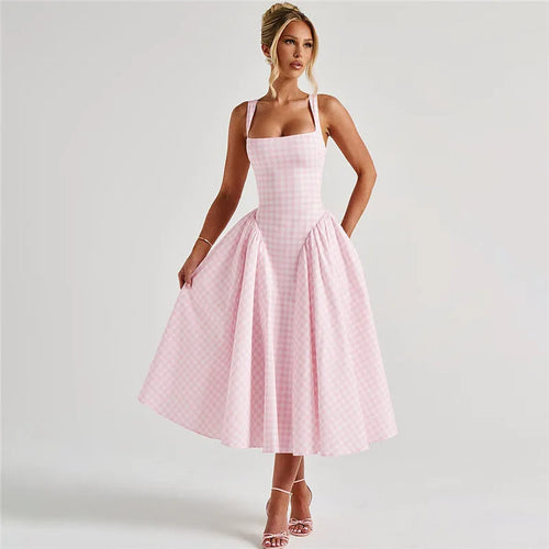 Load image into Gallery viewer, Plaid Printed Maxi Dress For Women Gown Summer New Spaghetti Strap High Waist A-line Backless Club Long Dress Vestido
