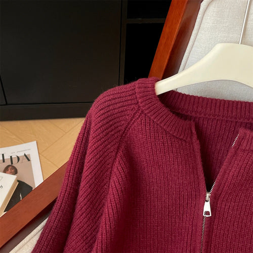 Load image into Gallery viewer, Korean Autumn Winter Beige Grey Long Sleeves Zipper Knit Sweater Women Red Drawstring Round Neck Versatile Short Cardigan Tops
