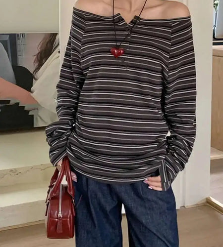 Women Black Striped Button Elegant Big Size T-shirt New Slash Neck Long Sleeve Fashion Tide Spring Autumn 2025 1DJ0359