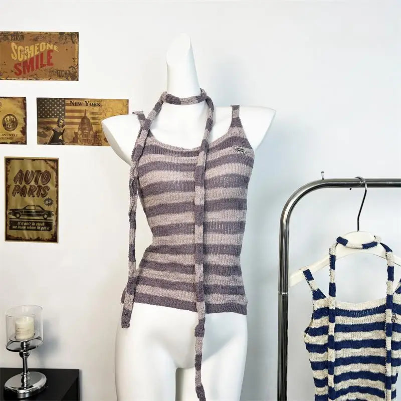 Retro Women's Summer Purple Striped Slim Sexy Knit Vest Tops Korean Ladies Blue Patchwork Sleeveless Short Pullover Tank Popular