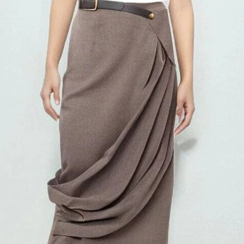 Load image into Gallery viewer, Hit Color Spliced Belt Asymmetrical Temperament Skirt For Women High Waist Patchwork Folds Casual Skirt Female New
