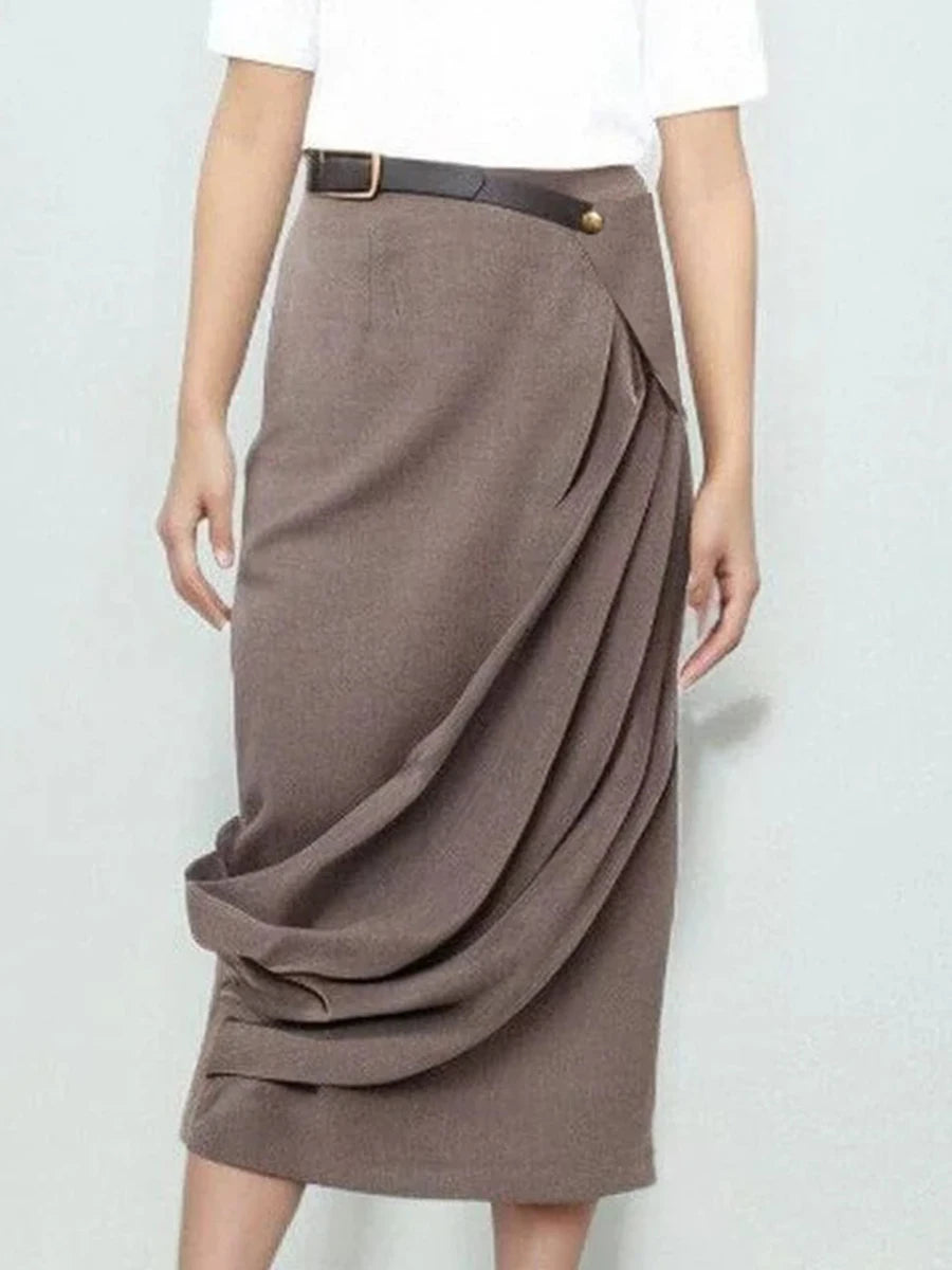 Hit Color Spliced Belt Asymmetrical Temperament Skirt For Women High Waist Patchwork Folds Casual Skirt Female New