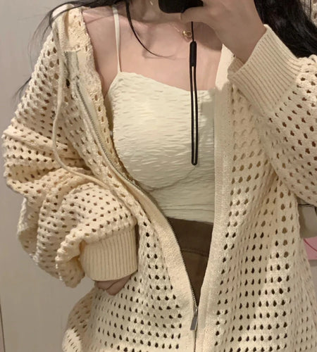 2025 Summer Y2k Aesthetic Women Cardigan Hollow Out Hooded Loose Knitted  Harajuku Casual Grunge Long Sleeve Zipper Tops