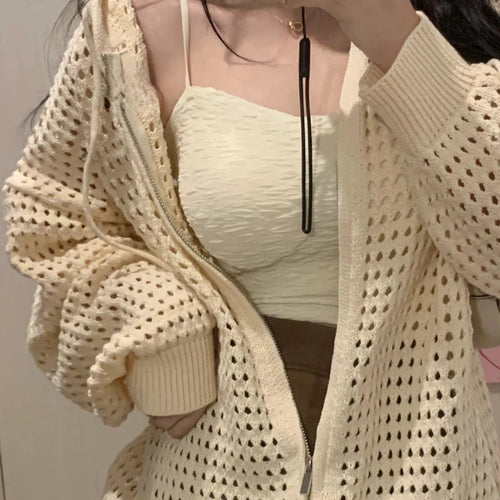 Load image into Gallery viewer, 2025 Summer Y2k Aesthetic Women Cardigan Hollow Out Hooded Loose Knitted  Harajuku Casual Grunge Long Sleeve Zipper Tops
