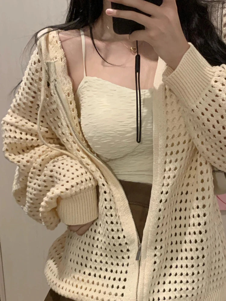 2025 Summer Y2k Aesthetic Women Cardigan Hollow Out Hooded Loose Knitted  Harajuku Casual Grunge Long Sleeve Zipper Tops