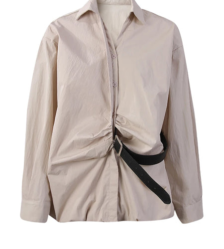 Women Khaki Gray Pleated Belted Big Size Bud Blouse New Lapel Long Sleeve Shirt Fashion Tide Spring Autumn 2025 WQ20452