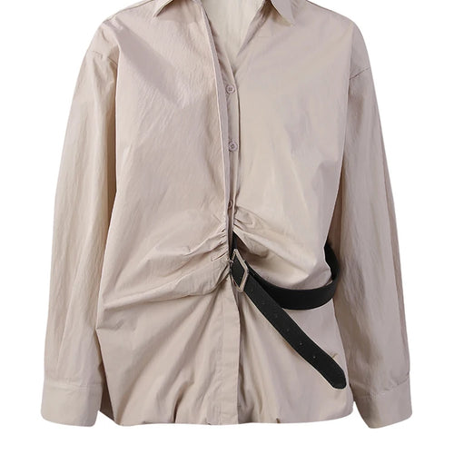 Load image into Gallery viewer, Women Khaki Gray Pleated Belted Big Size Bud Blouse New Lapel Long Sleeve Shirt Fashion Tide Spring Autumn 2025 WQ20452
