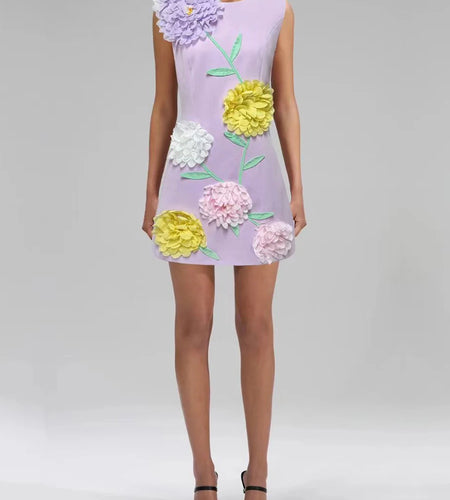 Hit Color Spliced 3D Flower Fashion Mini Dresses for Women Round Neck Sleeveless Elegant Dress Female Clothing New