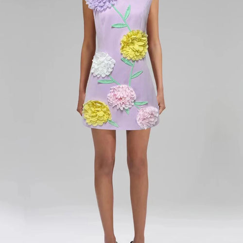 Load image into Gallery viewer, Hit Color Spliced 3D Flower Fashion Mini Dresses for Women Round Neck Sleeveless Elegant Dress Female Clothing New
