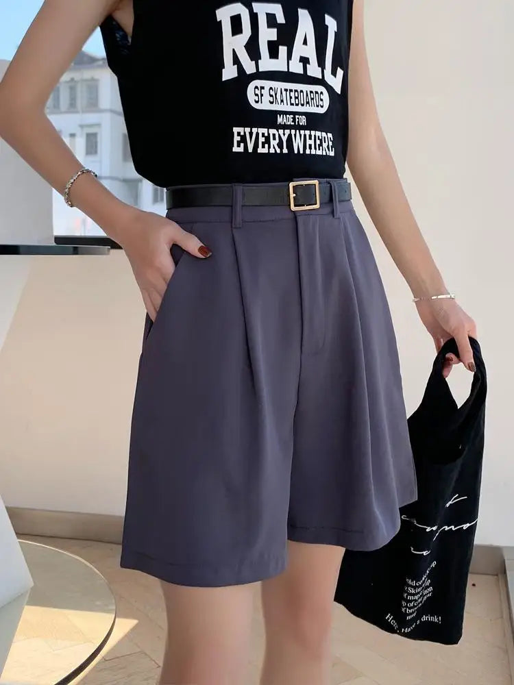 Summer New Black Blue Loose High Waist Wide Leg Pleated Shorts Korean Version Women Gray Office Short Pant Casual Fashion Simple