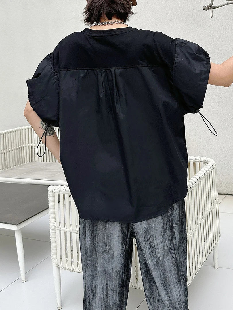 Women Black Drawstring Big Size Casual T-shirt New Round Neck Short Sleeve Fashion Tide Spring Summer 2025 1DJ1889