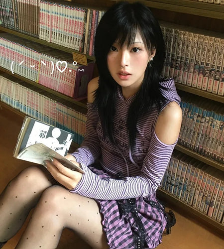 Japanese Y2k Hooded T-shirt Vintage 2000s Style Rabbit Ears Tops Harajuku Purple Striped Hollow Out Tops Grunge Lolita