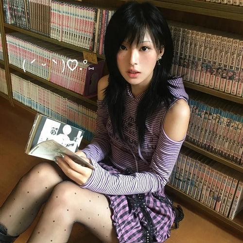 Load image into Gallery viewer, Japanese Y2k Hooded T-shirt Vintage 2000s Style Rabbit Ears Tops Harajuku Purple Striped Hollow Out Tops Grunge Lolita
