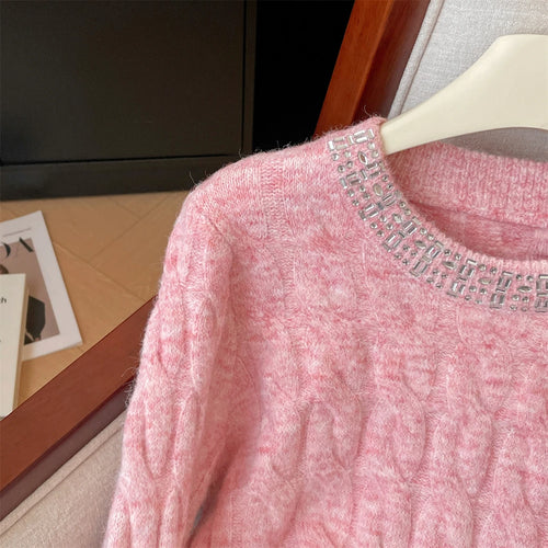 Load image into Gallery viewer, Autumn Winter Women Clothing Beige Pink Diamond Round Neck Short Pullover Sweater New Fashion Grey Long Sleeve Knitwear Top Chic
