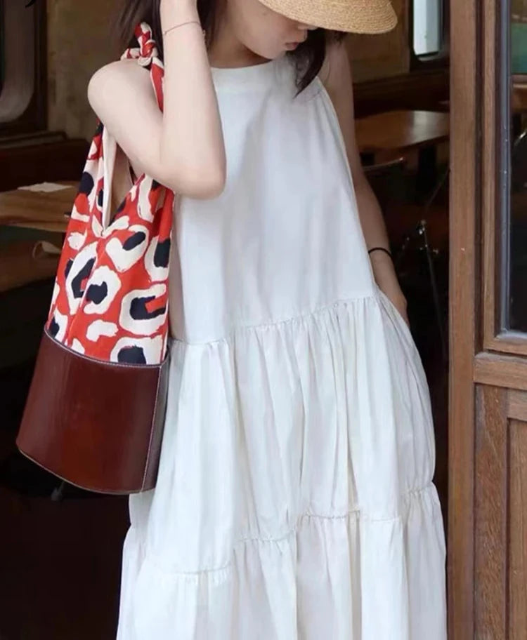 White Elegant Sleeveless Spaghetti Strap Women's Dresses French Style Solid Color O-neck Maxi Dress Fashion Streetwear