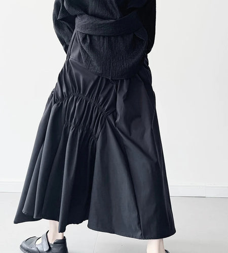 High Elastic Waist Black Irregular Pleated Midi Elegant Half-body Skirt Women Fashion Tide New Spring Autumn 2025 1DJ0400
