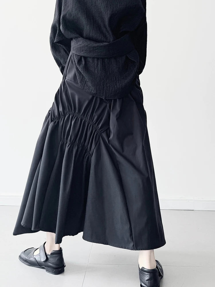 High Elastic Waist Black Irregular Pleated Midi Elegant Half-body Skirt Women Fashion Tide New Spring Autumn 2025 1DJ0400