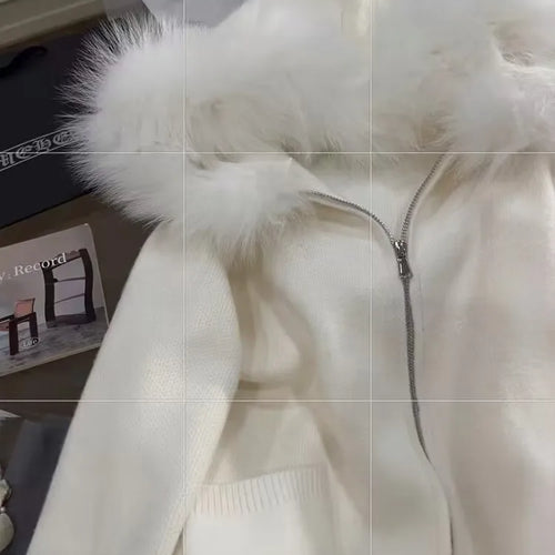 Load image into Gallery viewer, French Vintage Women White Elegant Hooded Short Knit Cardigan Autumn Winter Long Sleeve Festival Zipper Sweaters 2024 Versatile
