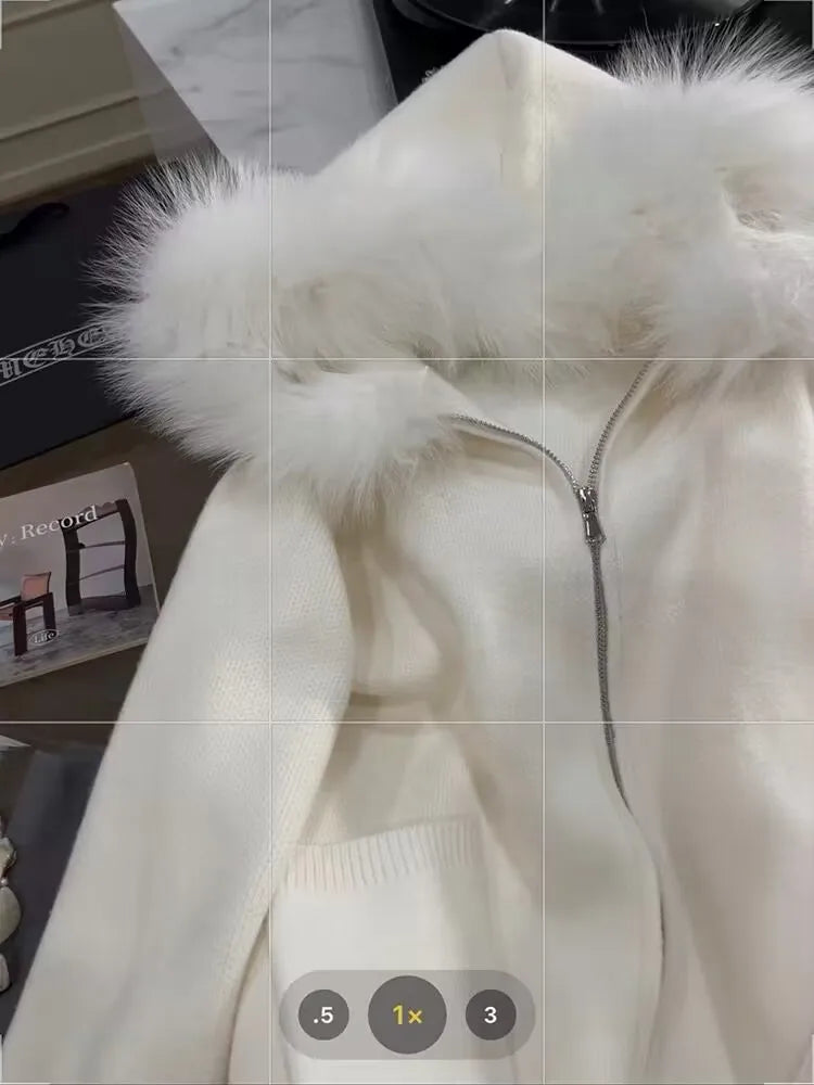 French Vintage Women White Elegant Hooded Short Knit Cardigan Autumn Winter Long Sleeve Festival Zipper Sweaters 2024 Versatile