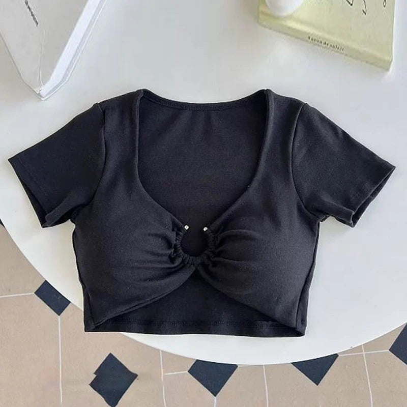 y2k Crop Tops Women Summer Clothes Sexy Solid Color Metal Ring Short Sleeve Padded T Shirts 2000s Clothing Streetwear
