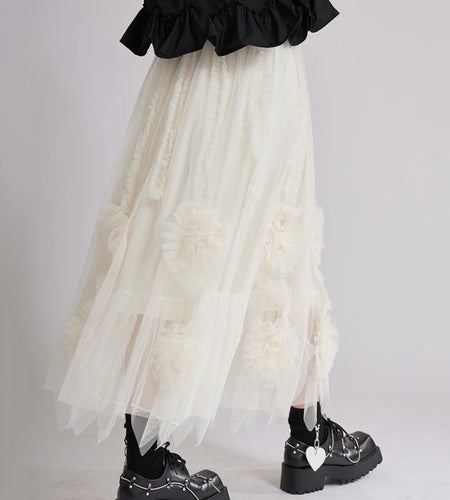 High Elastic Waist Apricot 3d Flower Mesh A-line Half-body Skirt Women Fashion Tide New Spring Autumn 2025 1DJ1515