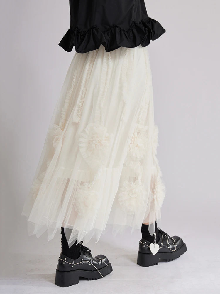 High Elastic Waist Apricot 3d Flower Mesh A-line Half-body Skirt Women Fashion Tide New Spring Autumn 2025 1DJ1515