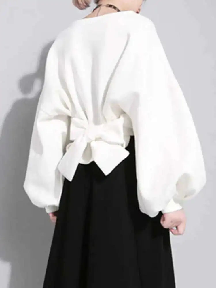 Loose Fit Back Bow Sweatshirt New Round Neck Long Lantern Sleeve Women Big Size Fashion Tide Spring Autumn 2025 JE141