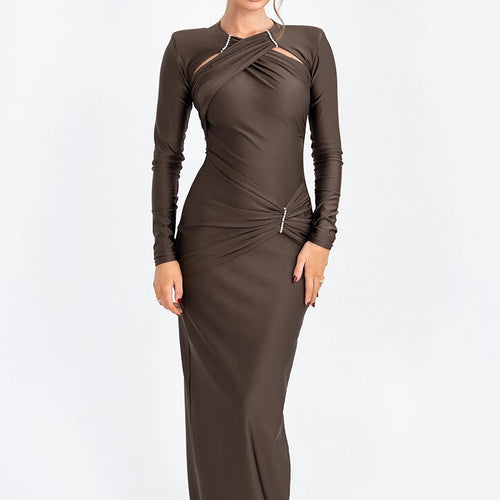 Load image into Gallery viewer, Hollow Out Long Sleeve Sexy Maxi Dress For Women Gown Fashion Solid Bodycon Ruched Club Evening Elegant Long Dress
