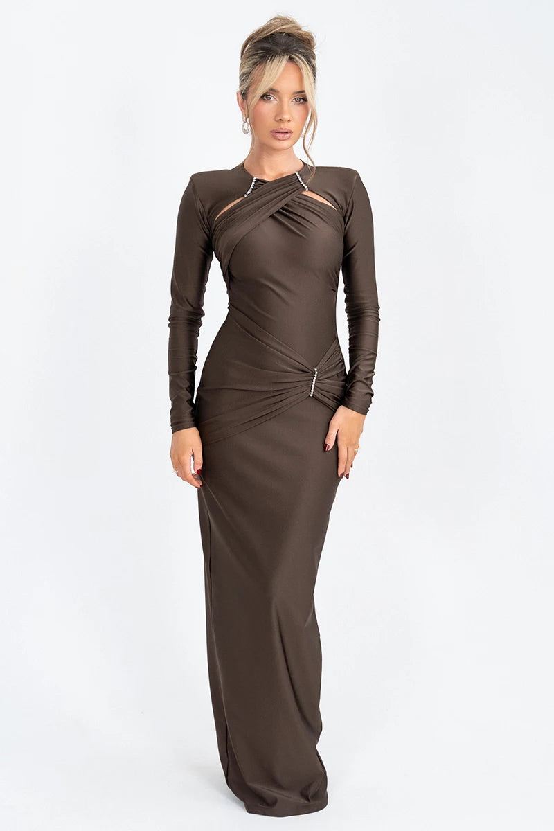 Hollow Out Long Sleeve Sexy Maxi Dress For Women Gown Fashion Solid Bodycon Ruched Club Evening Elegant Long Dress