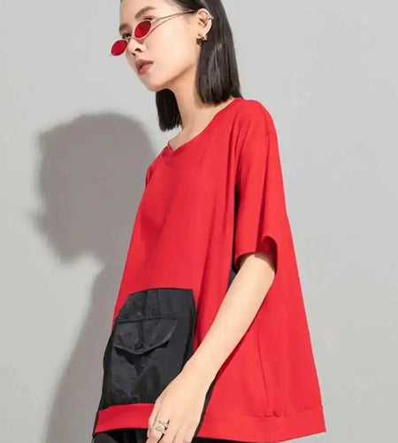 Women Red Color-block Pocket Big Size Casual  T-shirt New Round Neck Short Sleeve Fashion Tide Spring Summer 2025 1DH5953