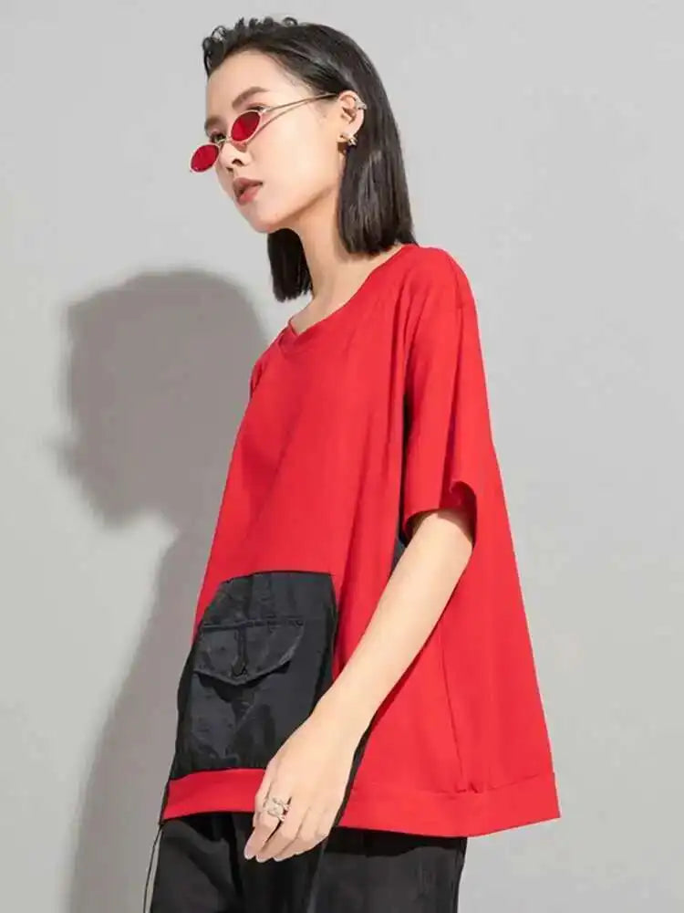 Women Red Color-block Pocket Big Size Casual  T-shirt New Round Neck Short Sleeve Fashion Tide Spring Summer 2025 1DH5953
