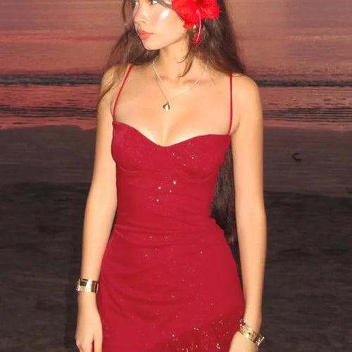 Load image into Gallery viewer, Spaghetti Strap Ruffled Sexy Mini Dress For Women Red Fashion Sleeveless Backless High Waist A-line Club Party Dress
