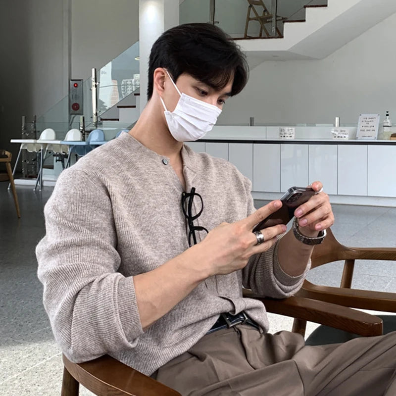 Men's Sweater Knitted Cardigan New Korean Style Solid Color Round Neck Trendy Single Breasted Male Casual Top 9W1815