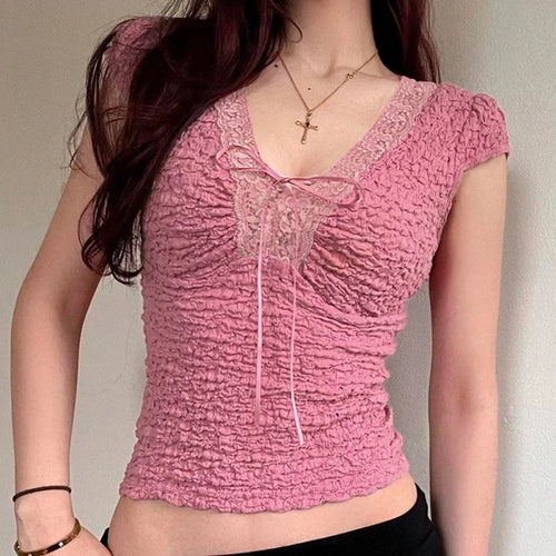 Load image into Gallery viewer, Hotsweet Pink Skinny Women T-shirts Tie-Up Lace Patchwork Y2K Top Cute Coquette Texture Summer Tees Wrinkled Outfits
